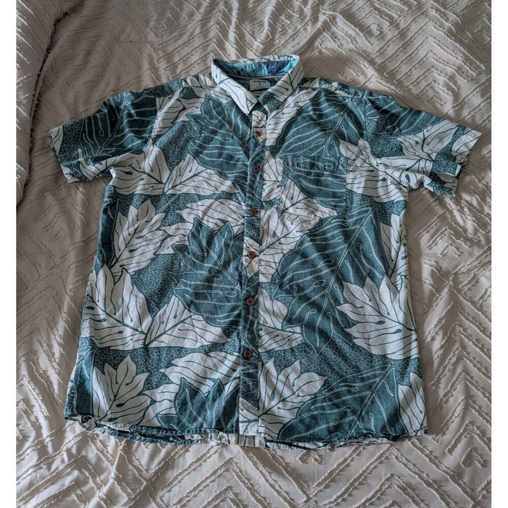 Hurley Sig Zane Hawaiian Shirt Men XL Short Sleeve Green White Leaf Classic Fit